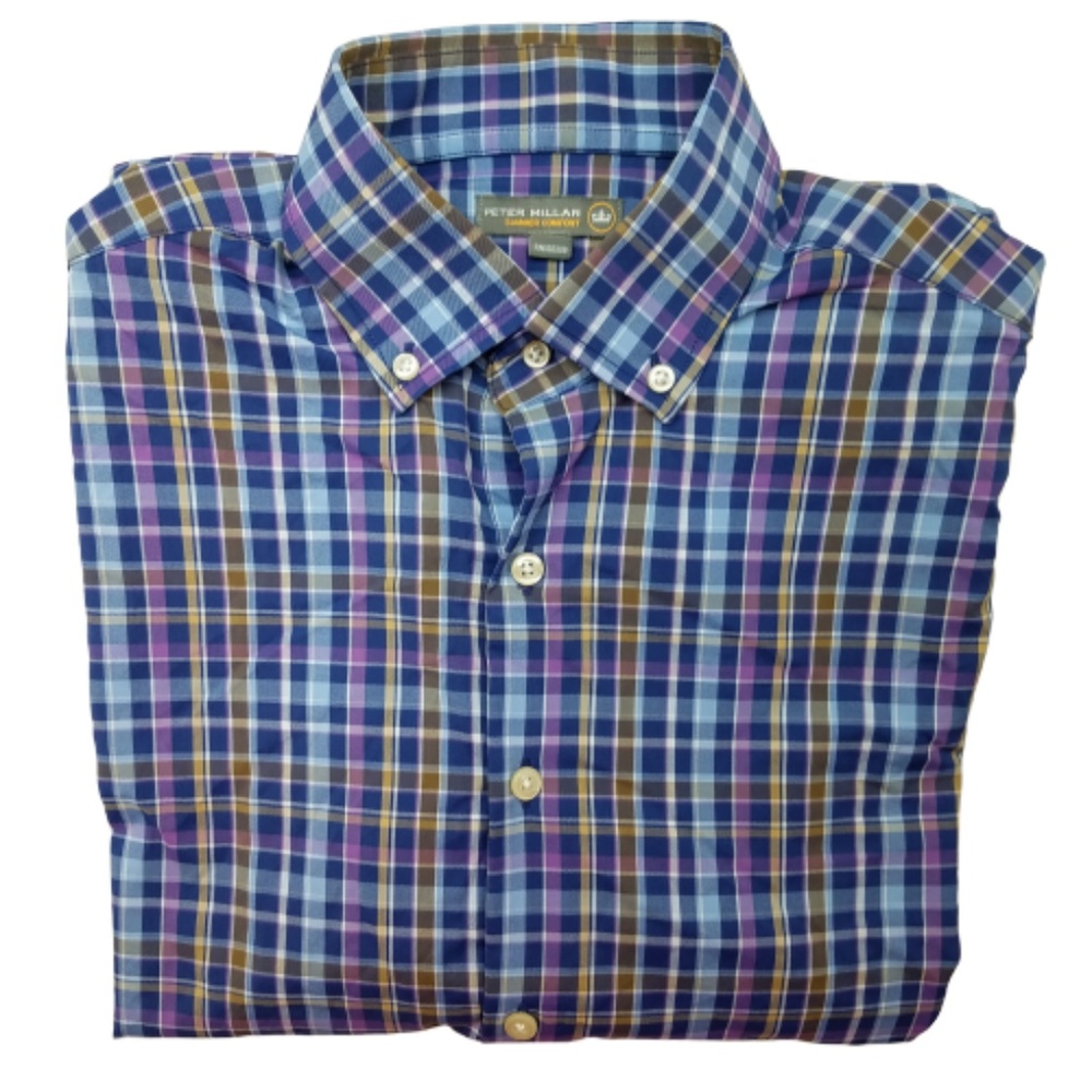 Peter Millar Blue Plaid Button-Down Shirt with Purple and Brown Accents